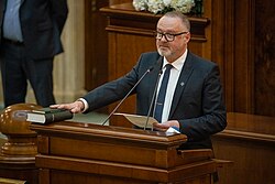 Lavric taking the oath of office at the Romanian Senate on 21 December 2024