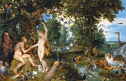 Depiction of the sin of Adam and Eve (The Garden of Eden with the Fall of Man by Jan Brueghel the Elder and Pieter Paul Rubens)