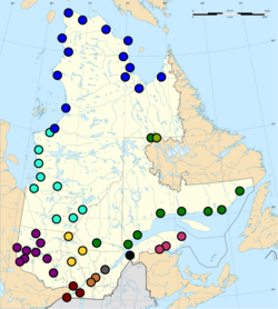 Map of aboriginal communities in Quebec, this includes reserves, settlements and northern villages: Algonquin Attikameks Abenaki Cree Wendat Innu Wolastoqiyik Mi'kmaq Mohawk Naskapi Inuit