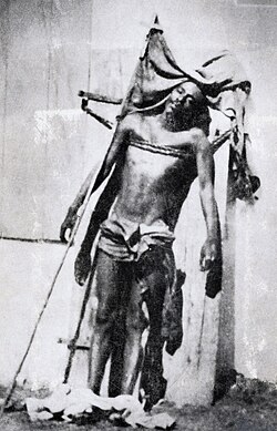 The body of caco leader Charlemagne Péralte on display after his execution by US forces; the image was counterproductive, with the resemblance to the deposition of Jesus gaining Péralte the status of national martyr.