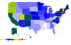 A normalized heatmap of per-capita signatures to the petition by U.S. state. Highest support from Massachusetts (red), lowest from Mississippi (white).