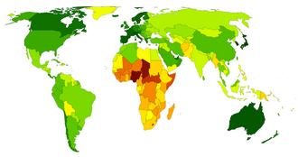 Map of the life expectancy at birth in the world in 2023 (UN estimate, smooth palette)[2] ⩾ 85 82.5 80 77.5 75 72.5 70 67.5 65 62.5 60 57.5 55 ⩽ 53