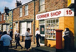 A corner shop set from the soap opera Coronation Street, depicting a typical British independently owned corner shop in Manchester