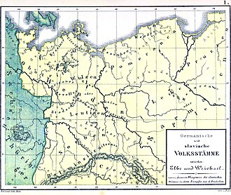 Limes sorabicus: the Sorbian settlement area bordering East Francia on a map of medieval Germany (Germanische und slavische Volksstämme zwischen Elbe und Weichsel, 1869)