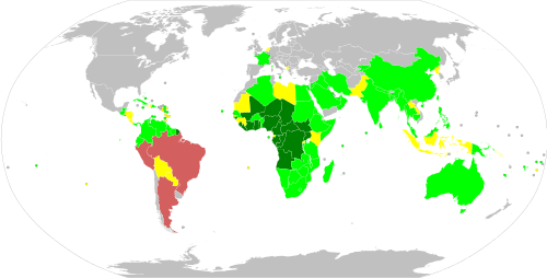 Vaccination against yellow fever 10 days before entering this country/territory is required for travellers coming from...[71] All countries Risk countries (including airport transfers)[note 1] Risk countries (excluding airport transfers)[note 2] No requirement (risk country)[note 3] No requirement (non-risk country)
