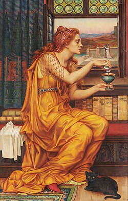 The Love Potion is a 1903 painting by Evelyn De Morgan depicting a witch with a black cat.
