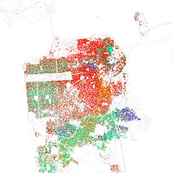 A racial distribution map of San Francisco, 2010 U.S. Census. Each dot is 25 people: ⬤ White ⬤ Black ⬤ Asian ⬤ Hispanic ⬤ Other
