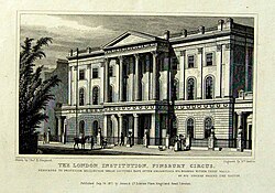 The former premises of the London Institution in Finsbury Circus which originally housed SOAS and was demolished soon after being sold in 1936[10]