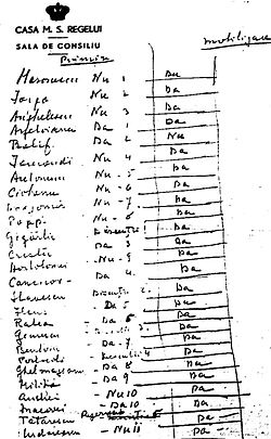 Ralea's vote on the Soviet ultimatum and mobilization, registered on Romanian government stationery, alongside those of his cabinet colleagues
