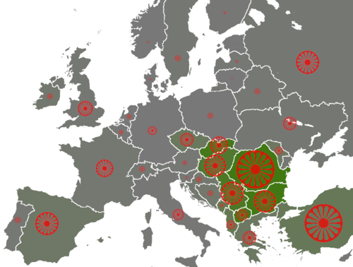 Distribution of the Roma in Europe (2007 Council of Europe "average estimates", totalling 9.8 million)[355]