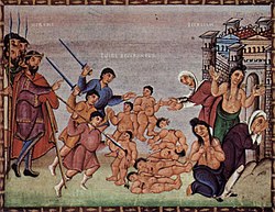 Massacre of the Innocents, 10th century Codex Egberti. Herod on the left.