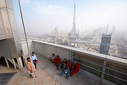 Dubai construction workers having a lunch break