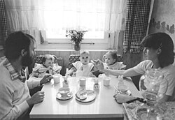 A woman and her husband, both medical students, and their triplets in East Germany in 1984. The GDR had state policies to encourage births among educated women.