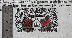 Printer's device of Johann Veldenaer, as used in Werner Rolevinck's Fasciculus temporum (1475). Found in KUL-BC Inc.129 (f. [h]8 recto), Academic libraries in Leuven.