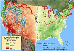 This map shows the difference in the Eastern and Western United States average evapotranspiration. Notice that where agricultural practices are dominant evapotranspiration is higher than average.