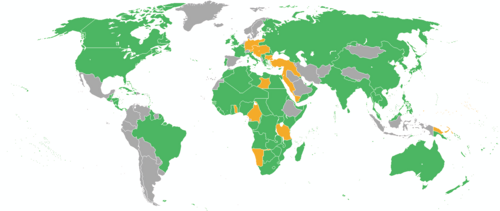 Map of the world showing the participants in World War I. Those fighting on the Entente's side (at one point or another) are depicted in green, the Central Powers in orange, and neutral countries in gray.
