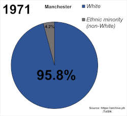 An animated gif of a series of pie charts between 1971 and 2021, which show the proportion of White people decreasing from 95.8% to 48.7% and various other demographics appearing