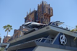 The Avengers Headquarters in Avengers Campus with Guardians of the Galaxy – Mission: Breakout! behind it, pictured in 2021