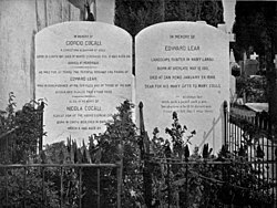 Lear's grave in San Remo, Italy, where he is buried alongside Giorgio Cocali, "A Christian Albanian of Suli", "He was for 39 years the faithful servant and friend of Edward Lear"