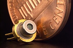 A 5.6 mm 'closed can' commercial laser diode, such as those used in a CD or DVD player