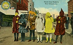 Mardi Gras maskers; c. 1915 postcard