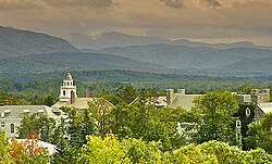 Old Chapel with the Green Mountains in the distance