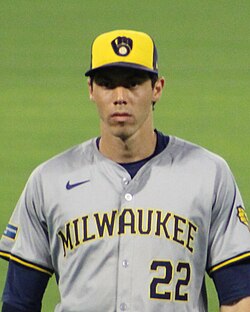 In 2020, the Brewers changed the shade of gold for the outline of their jerseys with a modernized version of the "ball-in-glove" logo; from 2020 to 2025, the team wore a road uniform (as modelled by Christian Yelich) with gray before changing it to powder blue.