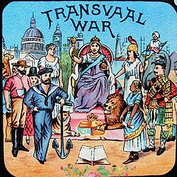 "Transvaal War". Queen Victoria on her throne among Commonwealth subjects in front of London. First British magic lantern slide in an educational series for children, 1900s.