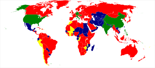 In the Polish language, countries can have masculine (blue), feminine (red) or neuter (yellow) names. Countries with plural non-masculine names are green. There are no country names in Polish with plural masculine personal gender.