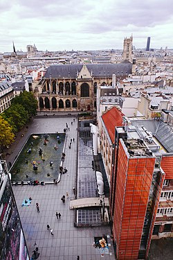Distant aerial view of Stravinsky Fountain and Centre Georges Pompidou in 2013