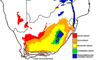 A schematic geological map of the outcrops (surface exposures) of the Karoo Supergroup rocks in Southern Africa: The location and approximate structure of the Cape Fold Mountains are also diagrammatically indicated for reference purposes.