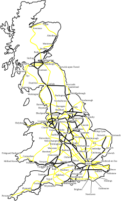 A map of Great Britain, showing "major lines" identified by Beeching II in bold.
