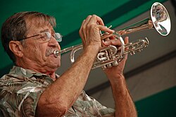 Connie Jones playing a long-model cornet