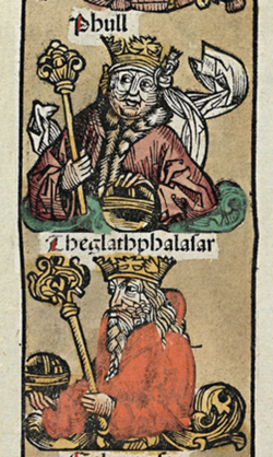 Kings Phull and Theglathphalasar in the 1493 Nuremberg Chronicle, which confuses Tiglath-Pileser and Pulu (Pul) as two different kings