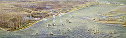 An American squadron exchanging fire with Fort York during the Battle of York, 1813. The American landing is depicted to the west (left foreground).