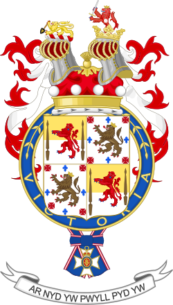 Coat of arms of Lord Baden-Powell, showing the circlet of the Royal Victorian Order around the escutcheon and the order's insignia suspended underneath