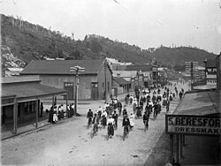 Cyclists in Greymouth, New Zealand (c.1898-1905)