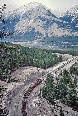 A CN freight train led by a diesel locomotive at the crossovers at English, which is east of Jasper, Alberta