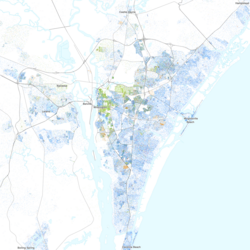 Map of racial distribution in Wilmington, 2020 U.S. census. Each dot is one person: ⬤ White ⬤ Black ⬤ Asian ⬤ Hispanic ⬤ Multiracial ⬤ Native American/Other