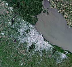 Satellite view of the Greater Buenos Aires area, and the Río de la Plata