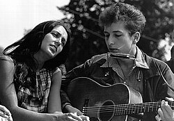 American musicians Joan Baez and Bob Dylan performing at the March on Washington in 1963.