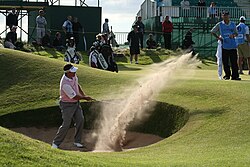 Lee Westwood pictured making a bunker shot at the 2008 Open