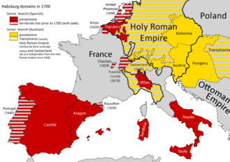 Habsburg dominions in the centuries following their partition by Charles V, Holy Roman Emperor. The principal military base of Philip II in Europe was the Spanish road stretching from the Netherlands to the Duchy of Milan.[148]