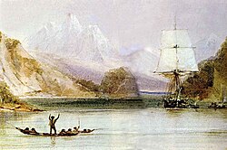 Period impression of HMS Beagle navigating along Tierra del Fuego, 1833