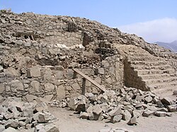 Terraced construction of pyramid at Caral, with stone fill