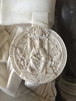 Depiction of the Great Seal of the Realm (Charles I) on a 17th-century funerary monument (St Mary Magdalene's Church, Croome D'Abitot, Worcestershire)