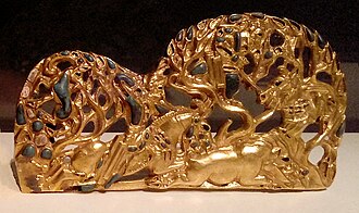 Horseman hunting, with characteristic Xiongnu horse trappings, southern Siberia, 280–180 BC. Hermitage Museum.[17][18][19]
