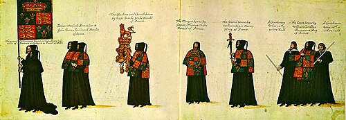 The heraldic funeral procession of Queen Elizabeth I of England in 1603, depicting some the heralds of the College of Arms, each carrying a piece of the Sovereign's armour