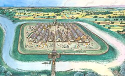 Illustration of a Terramare culture settlement, Italy