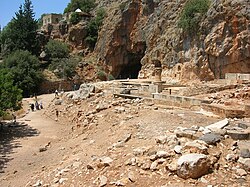 Temple of Pan at Banias and the white-domed shrine of Nabi Khadr in the background